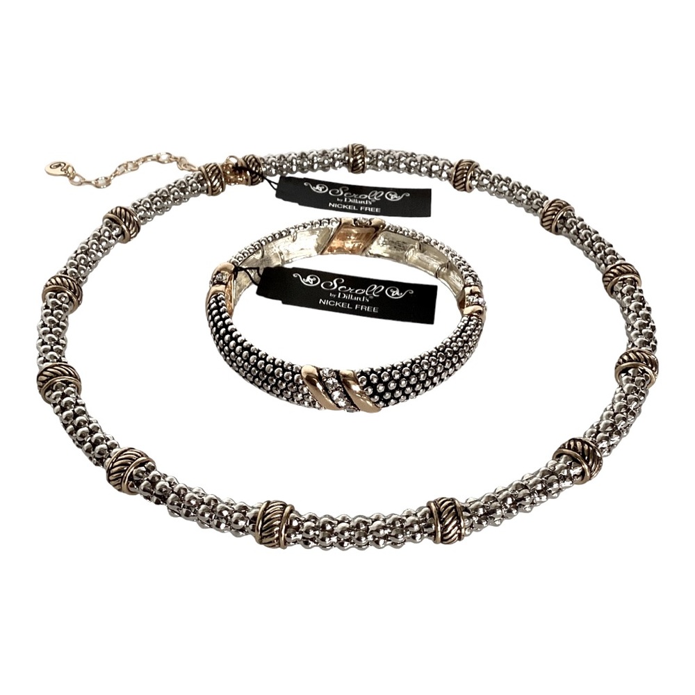 Scroll Gold And Silver Tone Metal Wire Statement Collar Necklace Crystal Accents - Picture 11 of 13